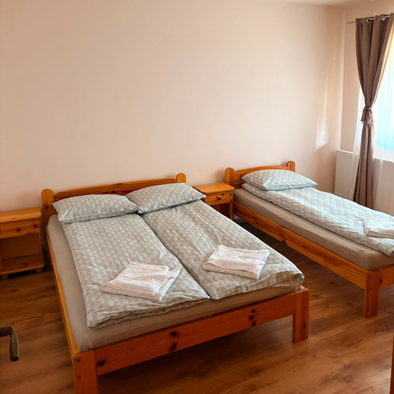 A twin bed with a light blue and white patterned duvet and pillowcase, alongside a single single bed, in a simple bedroom with light wood floors and beige walls.